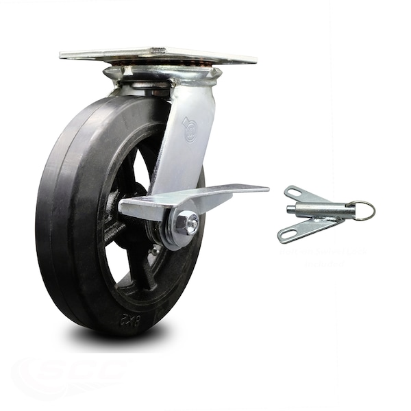 8 Inch Rubber on Steel Caster with Ball Bearing and Brake/Swivel Lock SCC